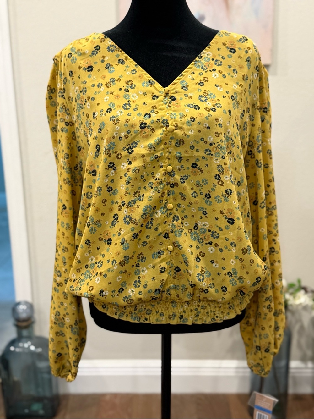 Yellow Floral Button-Front V-Neck Blouse